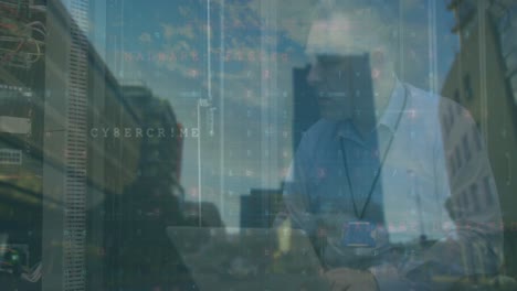 animation of cyber security and caucasisn programmer over cityscape