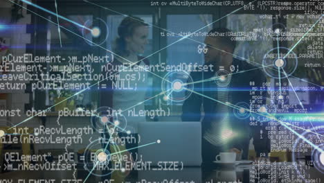 animation of financial data processing over two business people in office