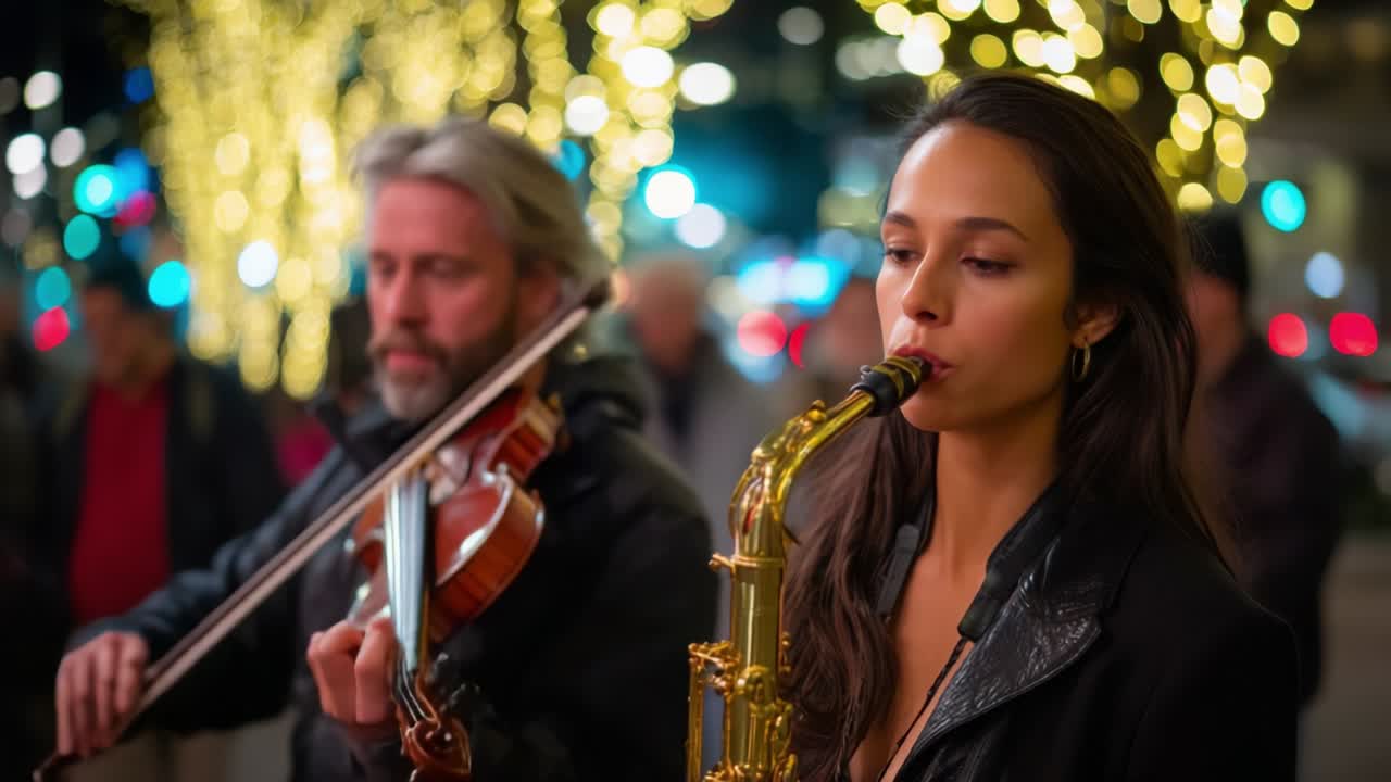 Captivating Performance on the Streets: A Talented Saxophonist Enchants Passersby with Melodic Tunes While Accompanied by a Skillful Violinist Under Dazzling Holiday Lights