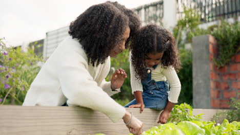 mother, learning and child in garden with plants