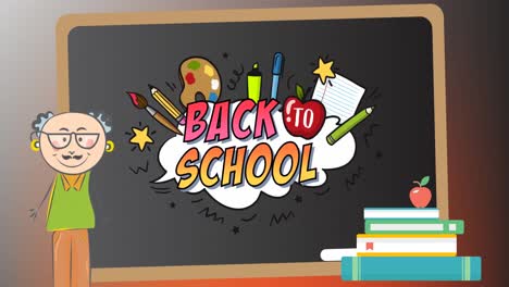 Animation-of-back-to-school-text-with-items-on-chalkboard-with-cartoon-teacher-and-books