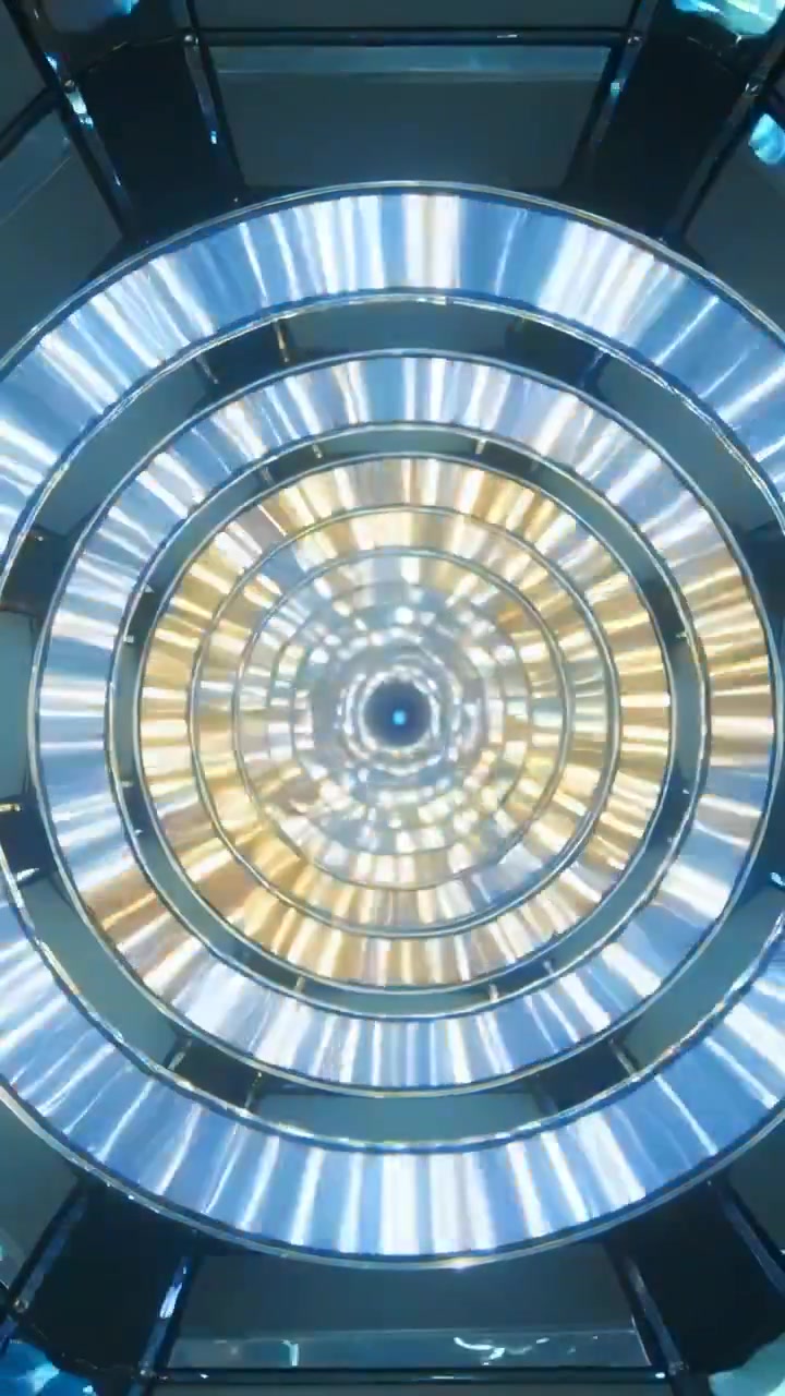 Video verticale: Apparecchio LED multi-anello pulsante che ruota nell'atrio dopo una pausa, creando scintille