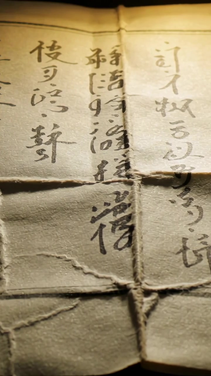 Vertical video: Starting sweep, camera panning over aged calligraphy page on table, revealing knot