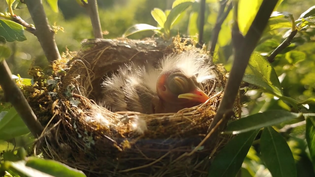 Polluelo recién nacido descansando plácidamente en un nido de pájaro