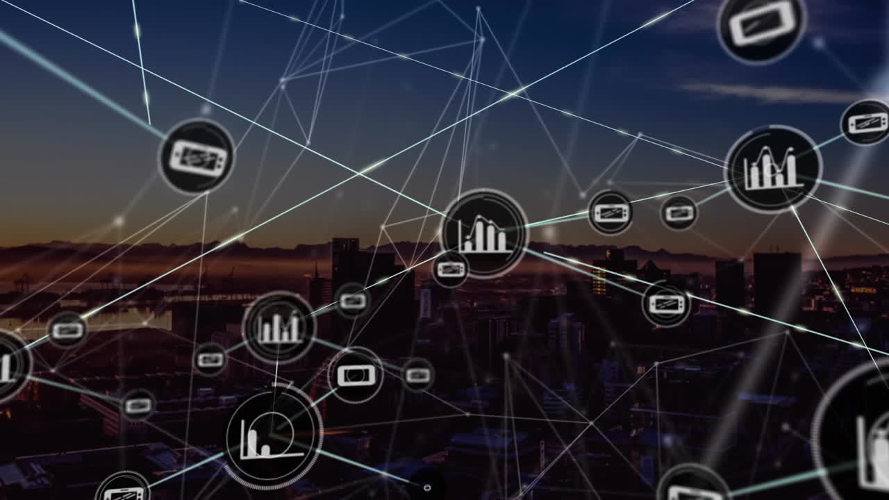 Animation of network of connections with icons over cityscape
