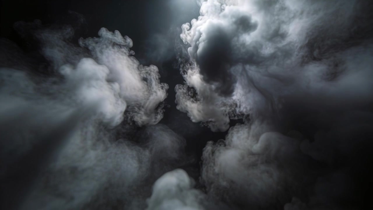 Volumetric smoke sweeping inward as camera moving toward center void with wisps, lit soft top light