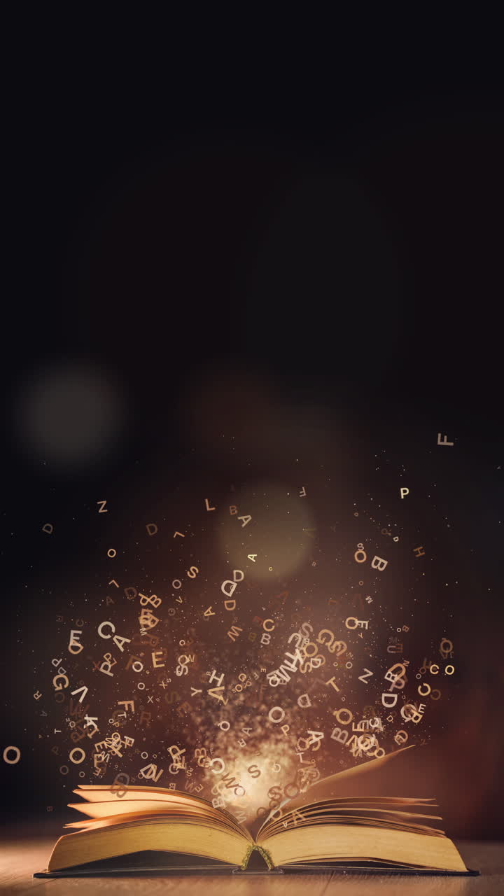 An ancient open book on a table with flying letters. Dark background with bright magical glow. Looped animation. Vertical video.