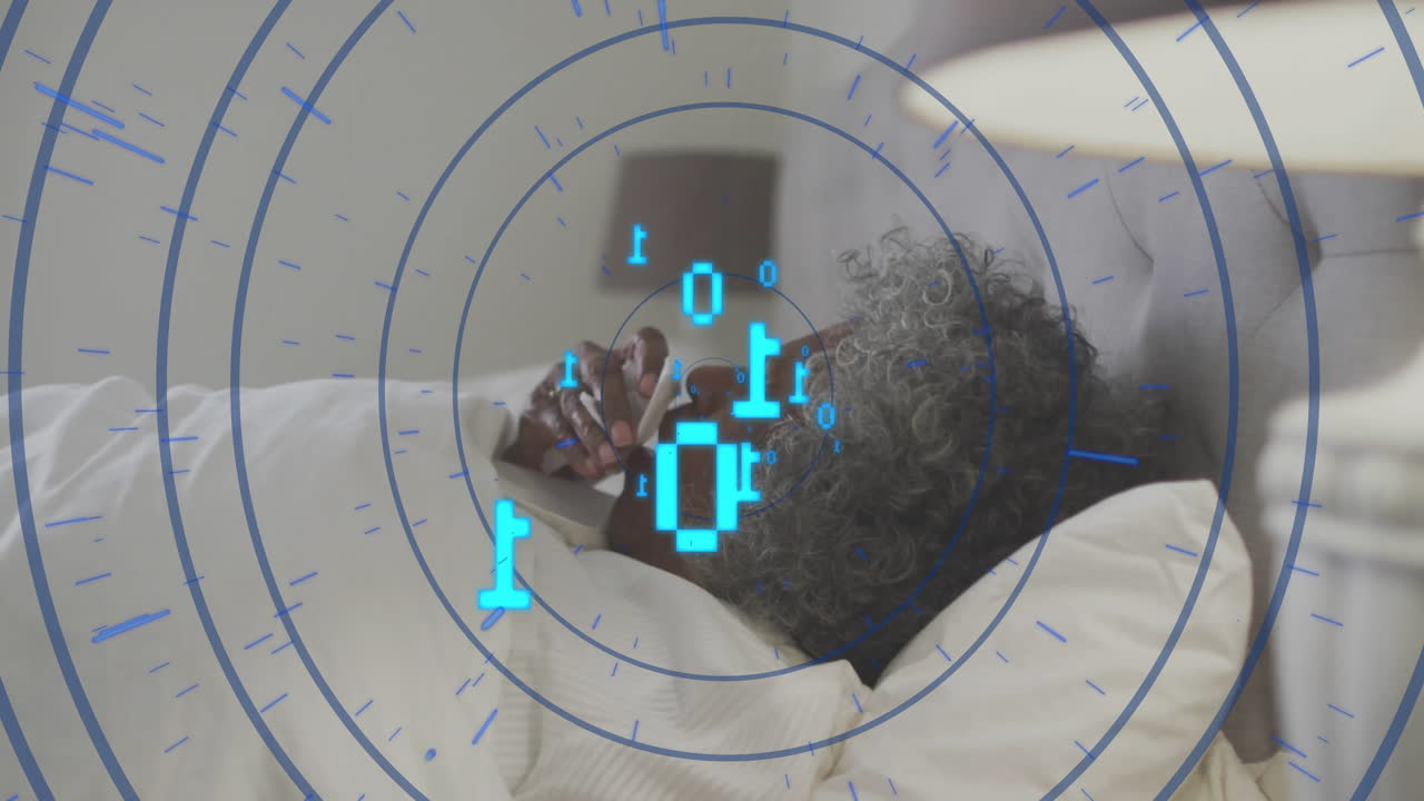 Elderly person using smartphone in bed with digital data animation overlay