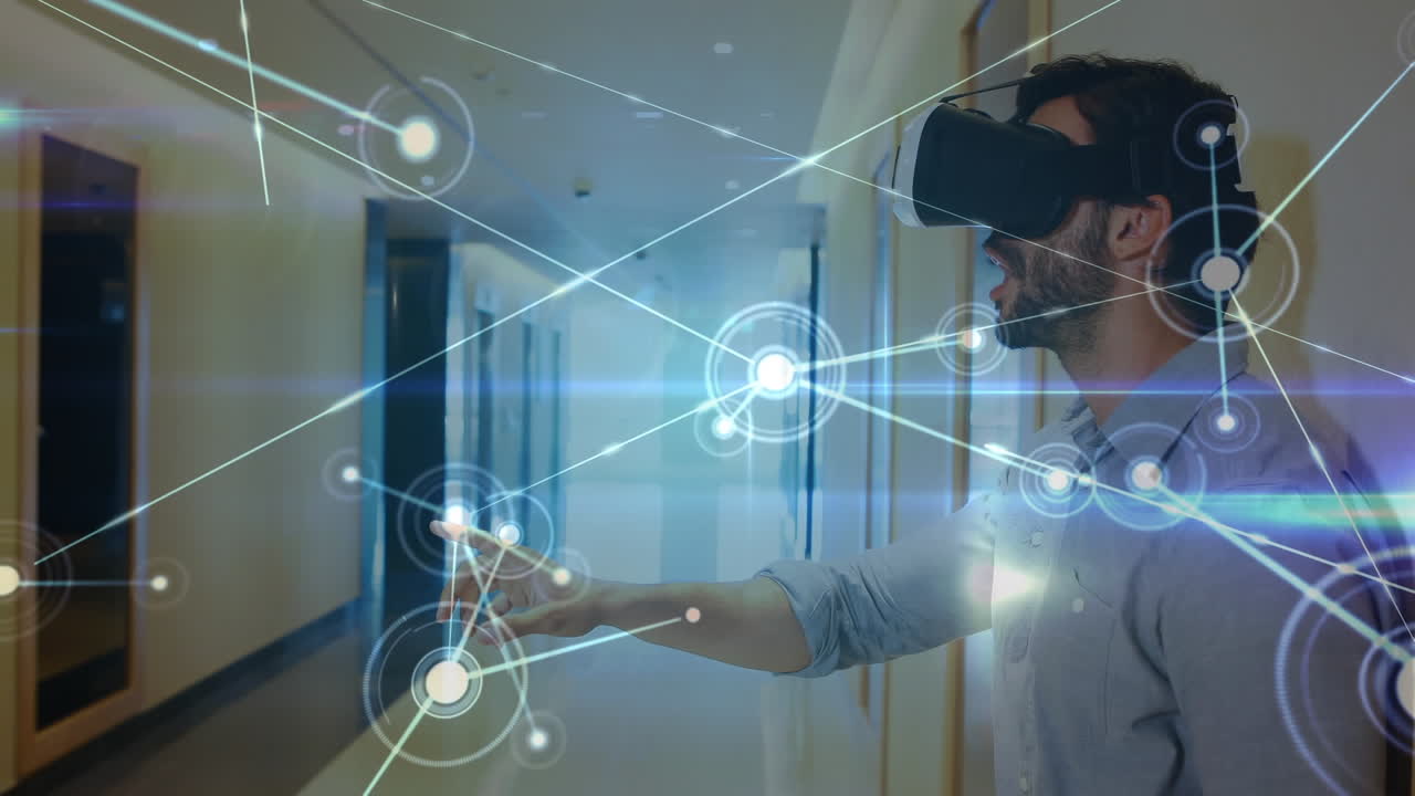 Animation of network of connections over man wearing vr headset