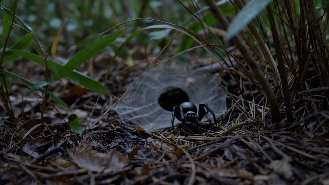 Black Spider in Forest with Web