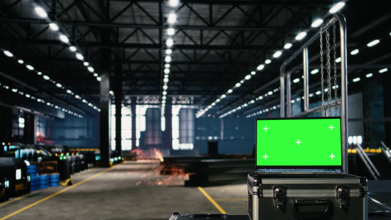 Green screen laptop in engineering plant reveals spacious machinery hall