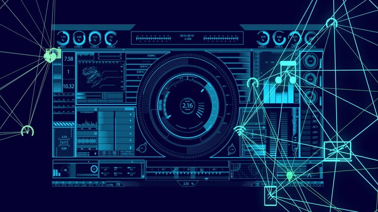 Futuristic user interface with data processing and network connections animation