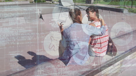 couple sitting on bench with digital icons and data overlay animation