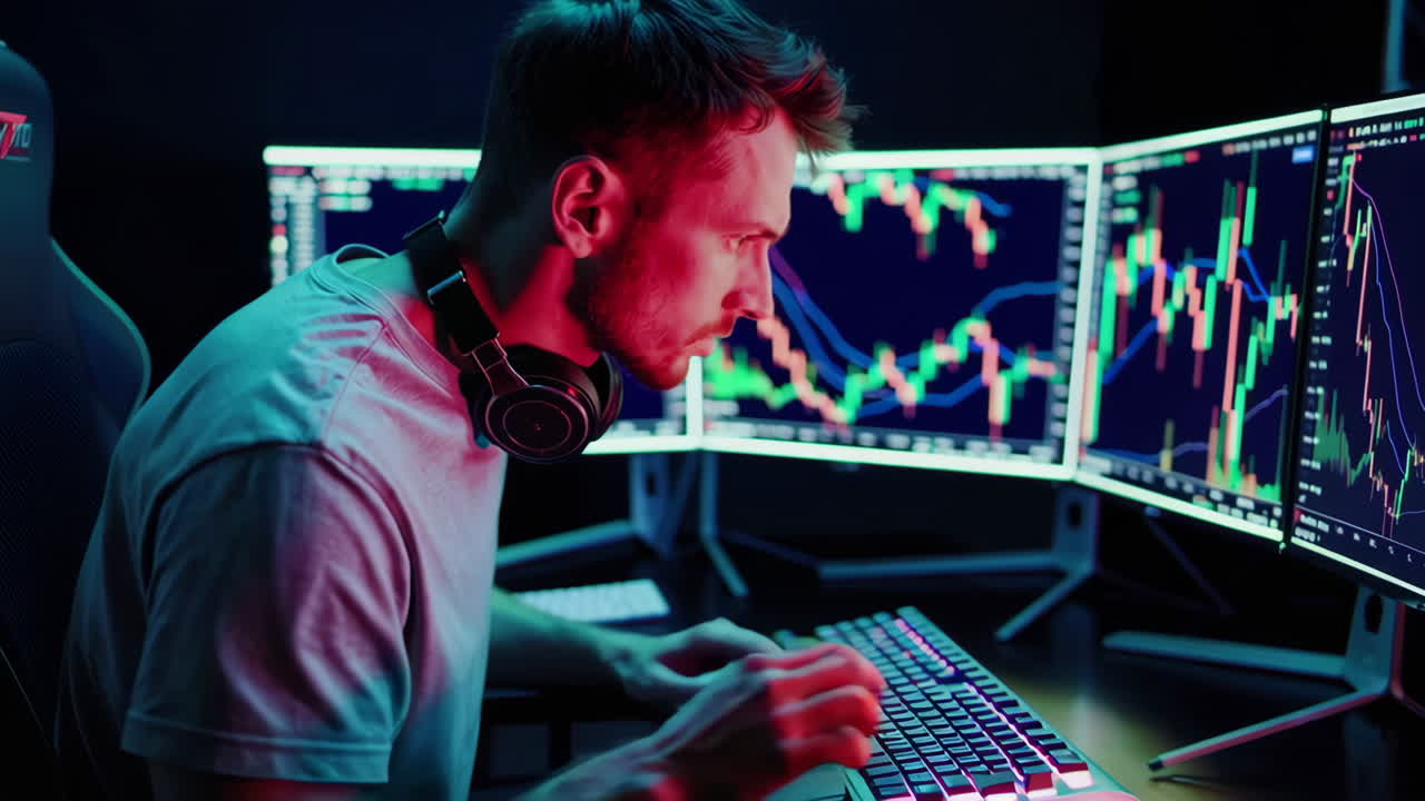 Trader analyzing financial markets on multiple monitors.