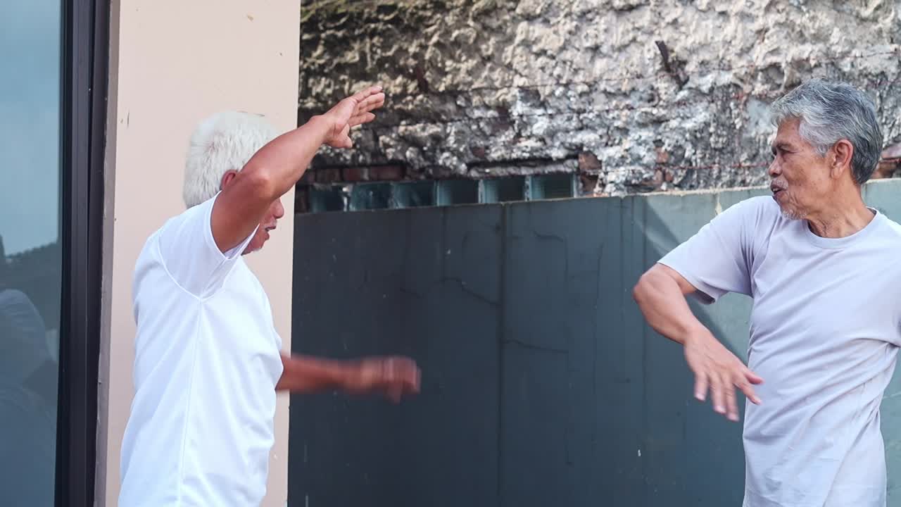 Active senior asian men exercising together outdoors