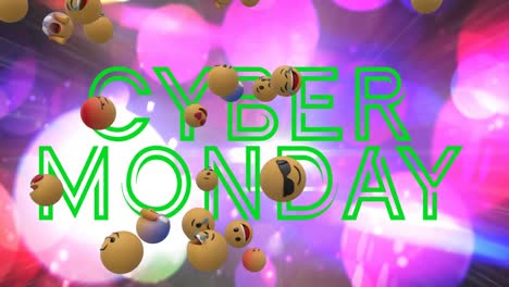 Mehrere-Gesichts-Emojis-Schweben-über-Cyber-Monday-Text-Vor-Bunten-Punkten-Aus-Bokeh-Lichtern