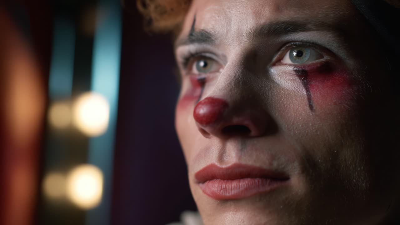 A close-up of a clown with expressive makeup, highlighting emotions through vivid colors and contrasting light, evoking a mix of joy and sadness in their gaze