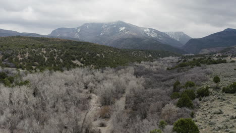 Dirt-Road-in-Wilderness-Mountain-Landscape-of-Utah---Aerial-shot-with-Copy-Space