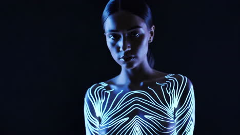 futuristic body art with glowing digital patterns