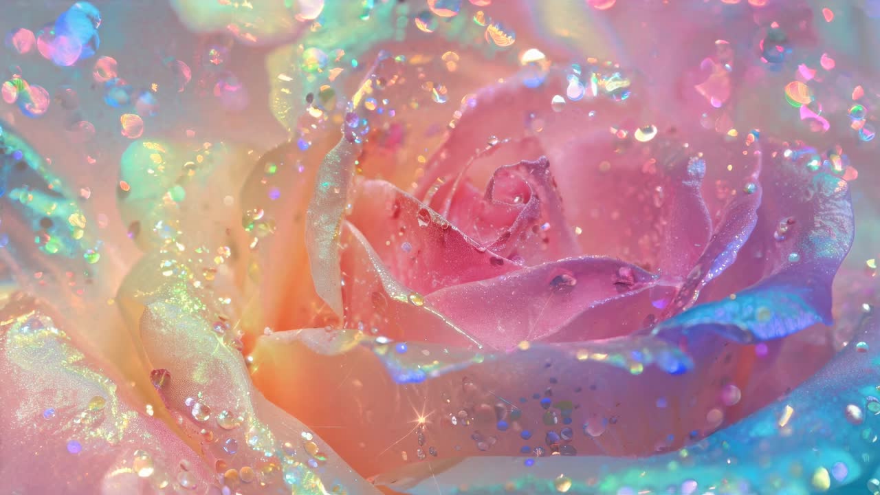 Close-up video of a rose with iridescent, pastel hues and water droplets, creating a dreamy