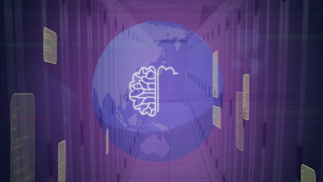 animation of ai data processing and icons over globe and computer servers