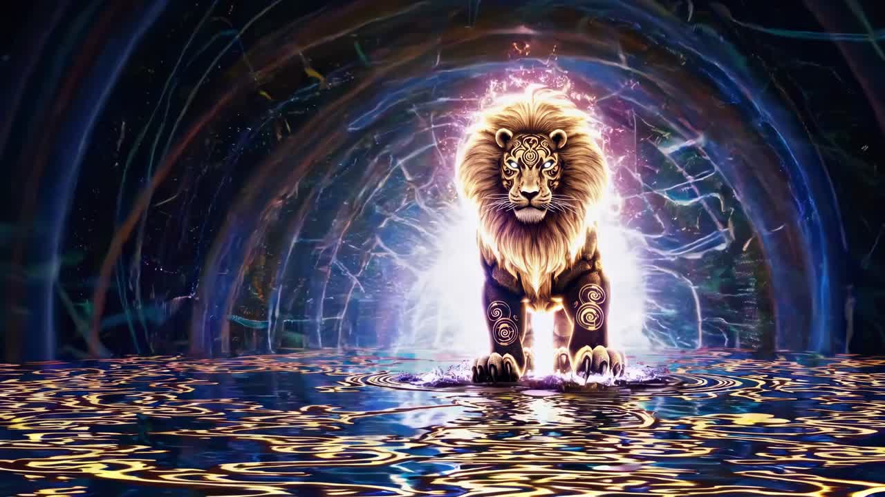 Ein majestätischer Löwe tritt aus einem leuchtenden Portal mit elektrisch blauen Mustern hervor