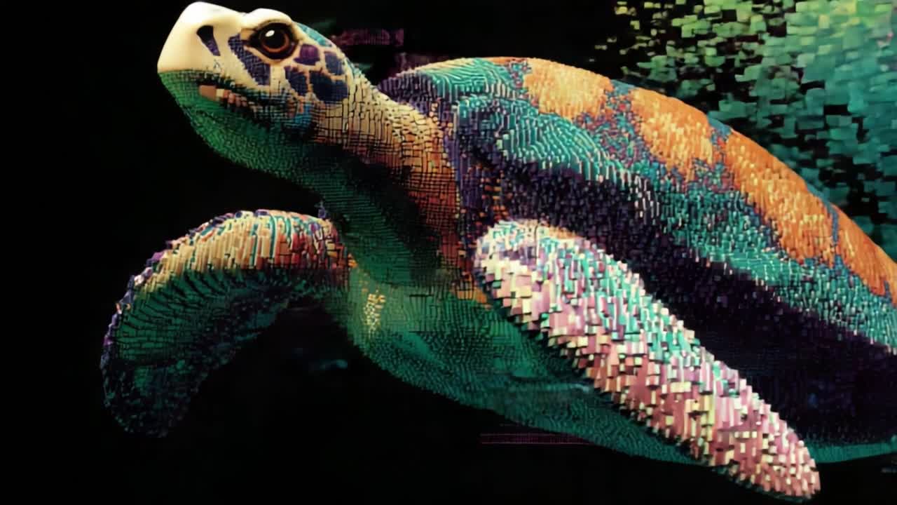 A Stunning Visual Journey Through a Colorful Digital Sea Turtle Transformation Created with Multicolored Cubes and Graphics, Merging Technology with Nature's Beauty