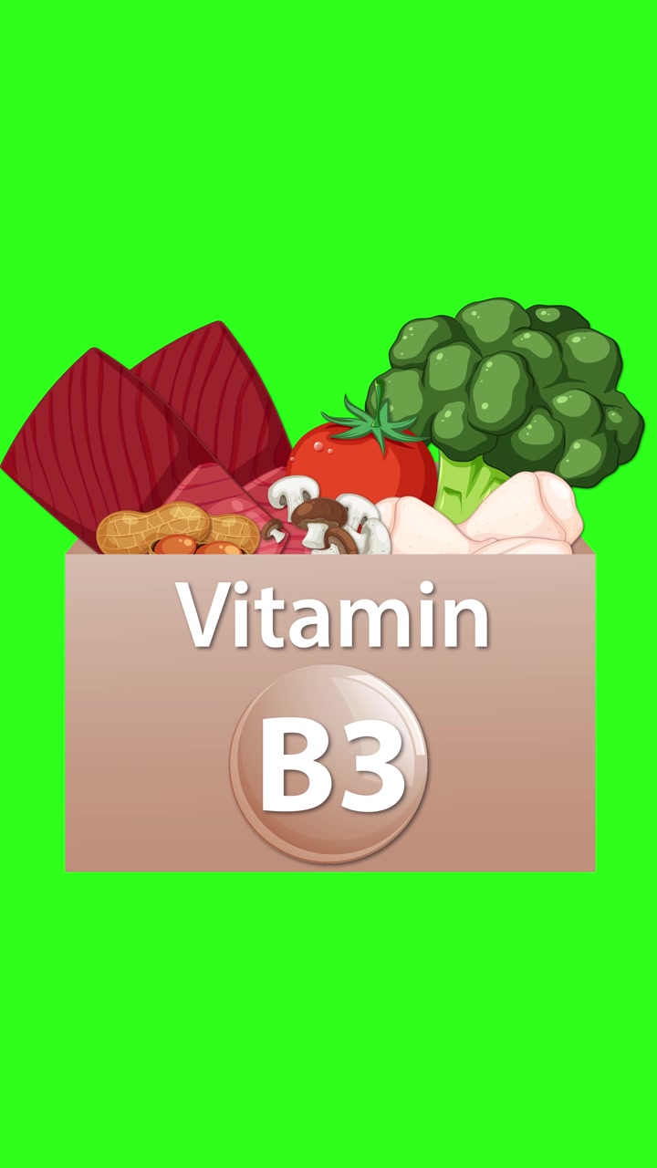Una scatola etichettata Vitamina B3 si apre, rivelando verdure e frutta secca, su uno sfondo verde brillante, con transizioni fluide.