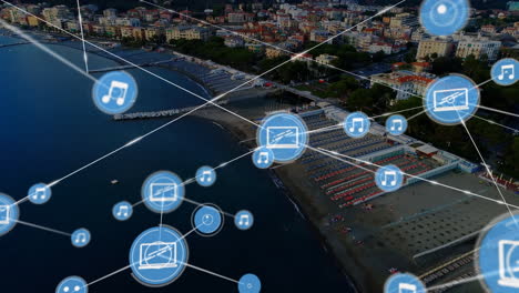 animation of network of connections with icons over cityscape