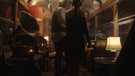 vintage couple in a retro tram car