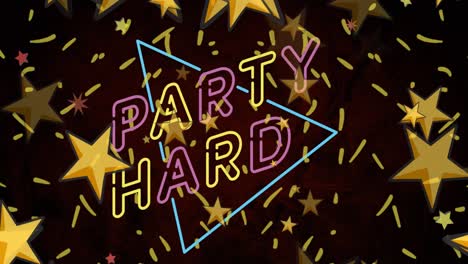 Animation-of-party-hard-text-in-pink-and-yellow-neon-with-gold-stars-on-black-background