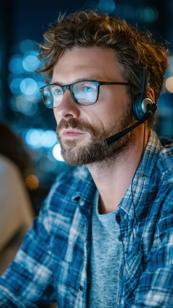 Focused Professional in Headset Engages with Digital Interface Against Urban Night Cityscape Bokeh Background
