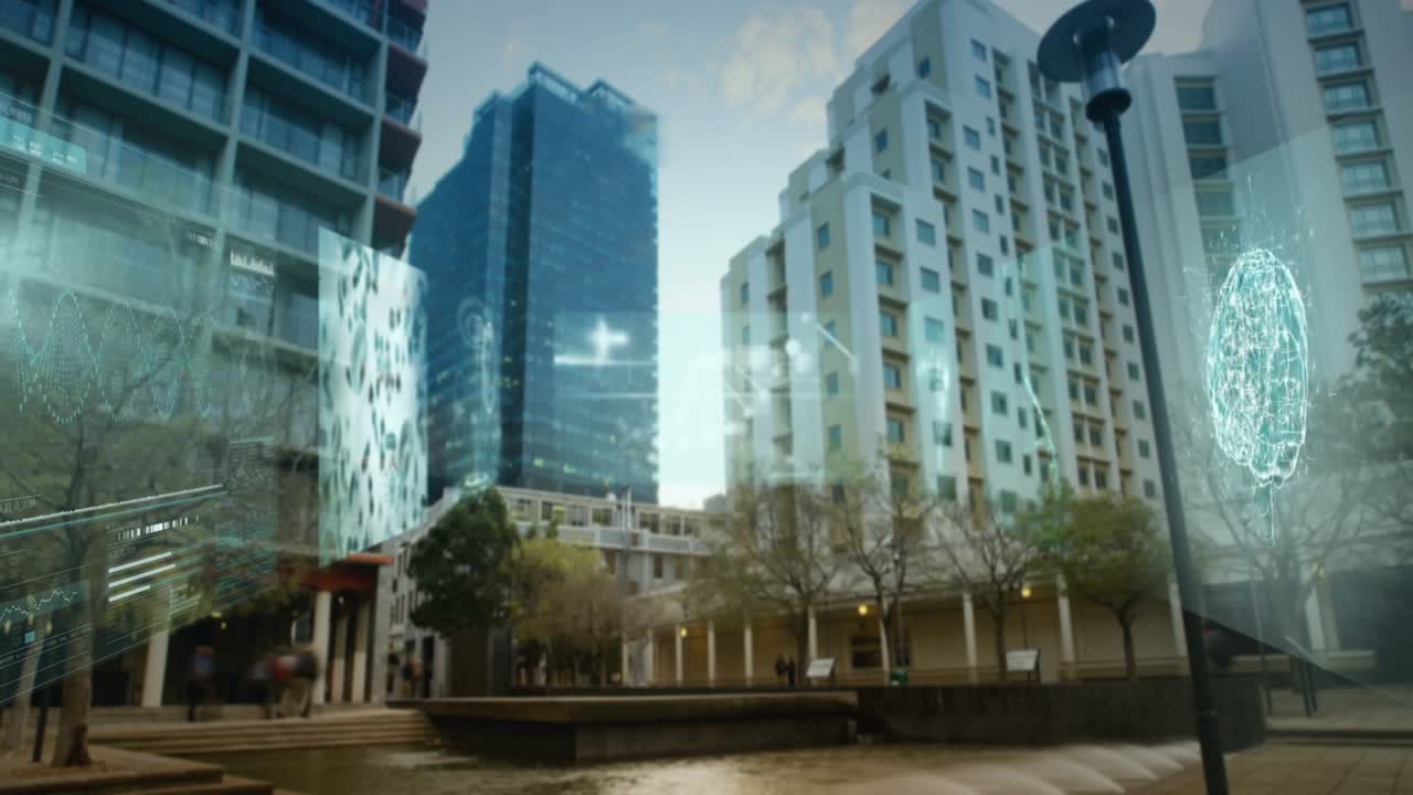 Animación de procesamiento de datos en pantallas sobre paisaje urbano