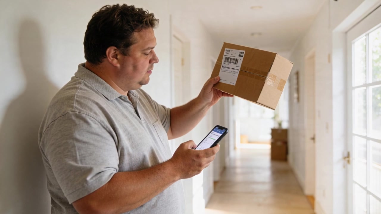 Hombre con camisa gris comparando el smartphone y la etiqueta del paquete en el pasillo, verificando la entrega.