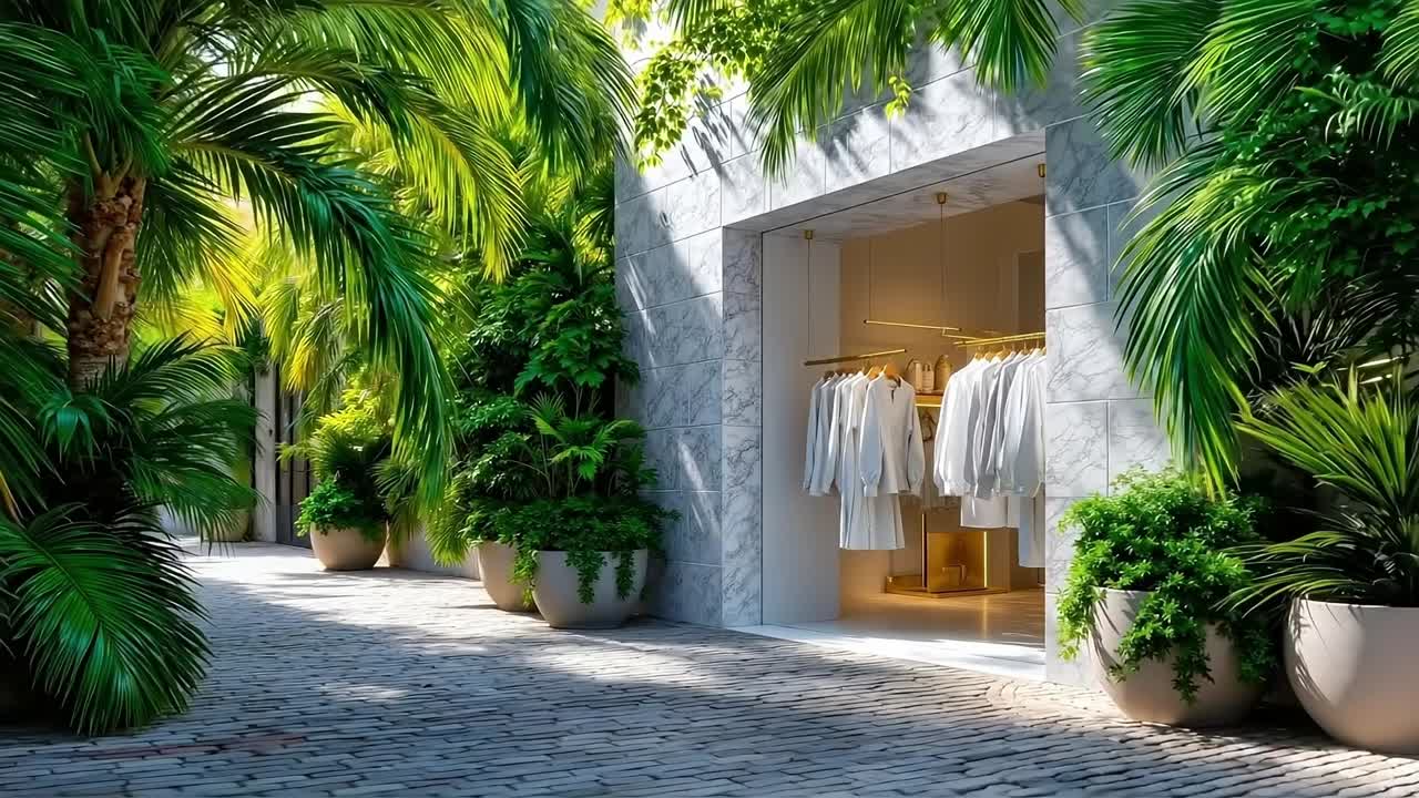 A walkway with potted plants and clothes hanging on a rack