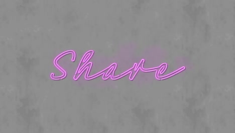 digital animation of neon purple share text banner against textured black background