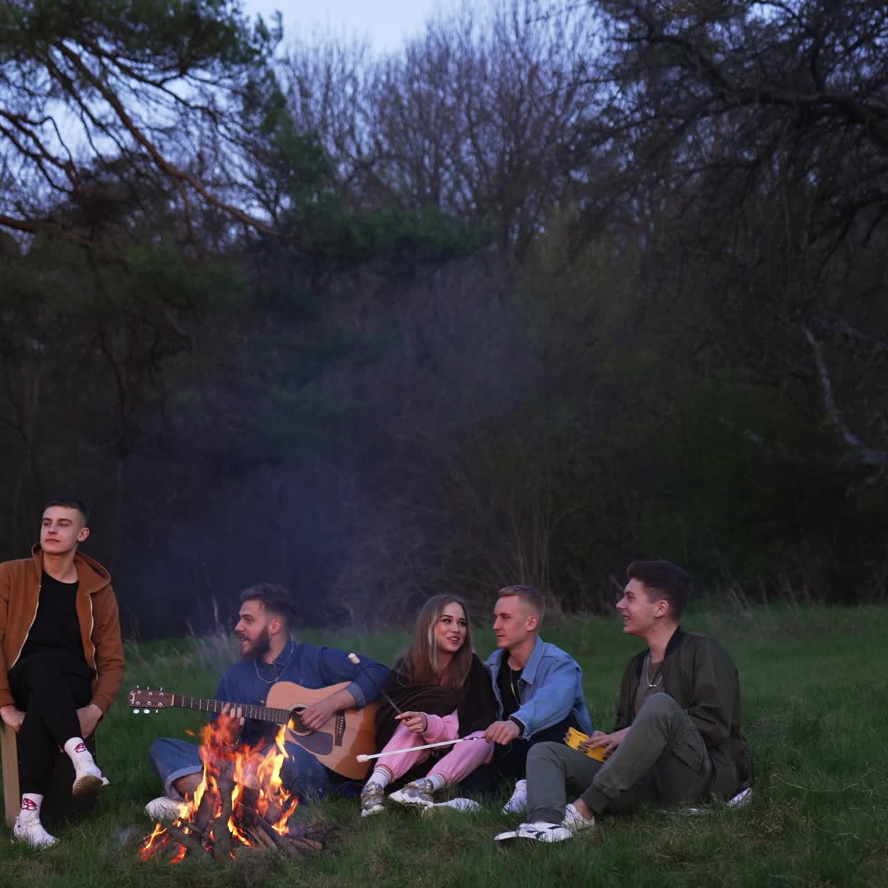 Few friends having fun in the nature, playing guitar, singing, frying marshmallows, laughing. Cozy summer evening picnic by the fire
