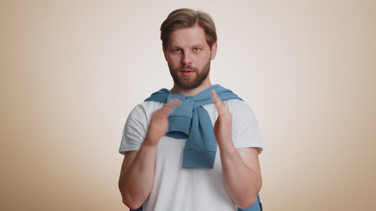 Confused displeased surprised caucasian man pointing fingers hisself rejection refusal stop sign