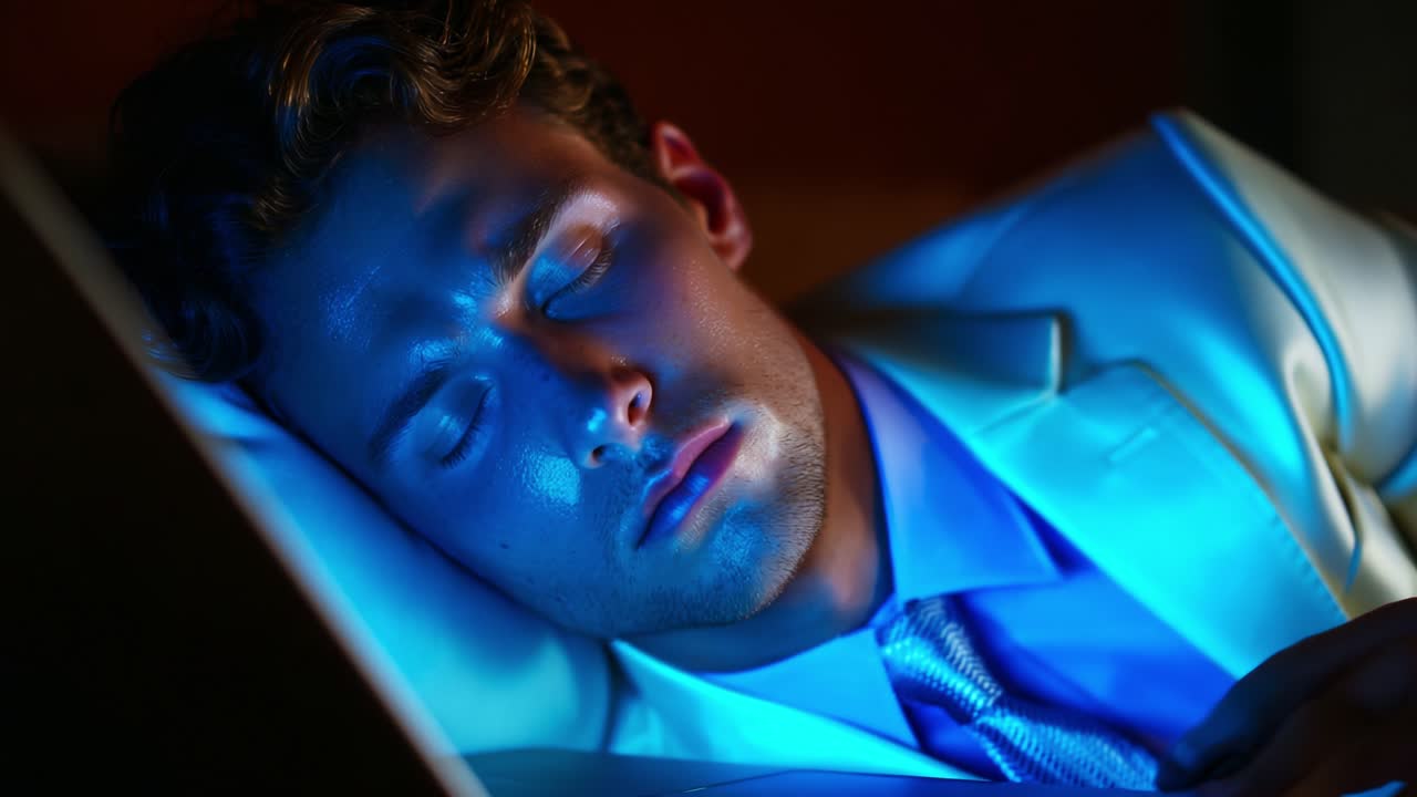 A Dreamy Scene: A Young Man in a White Suit Resting Peacefully with Soft Blue Light Illuminating His Face While He Sleeps, Captured in an Intimate and Tranquil Moment of Serenity