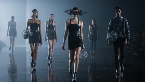 a futuristic fashion show showcasing innovative designs and accessories on the runway, featuring bold styles, unique textures, and striking visual effects