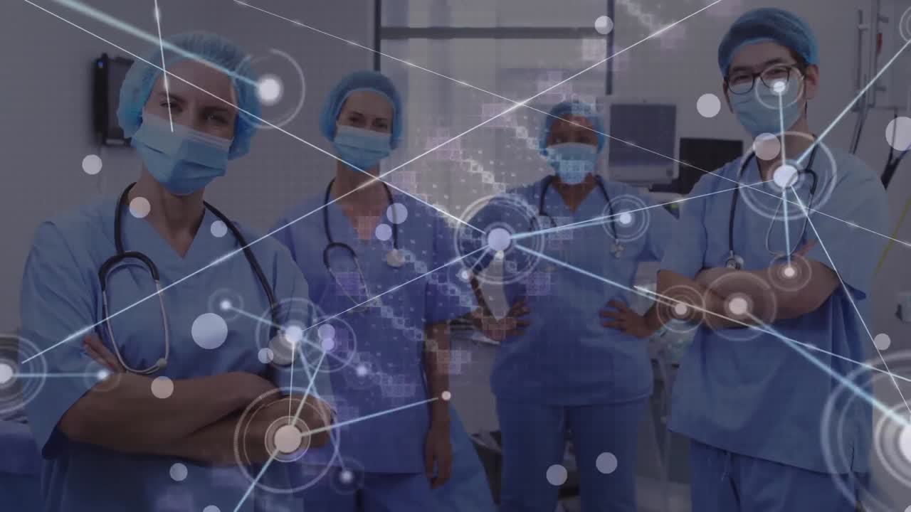 animación de cadena de adn sobre diversos médicos con máscaras faciales y brazos cruzados