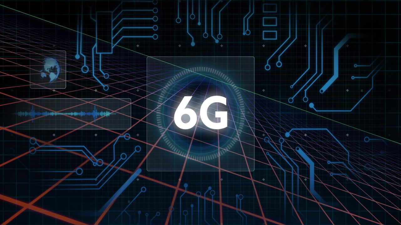 animación de texto 6g, procesamiento de datos y alcance con placa de circuito sobre fondo oscuro