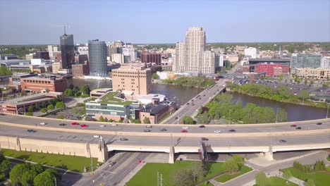 drone shot of grand rapids skyline