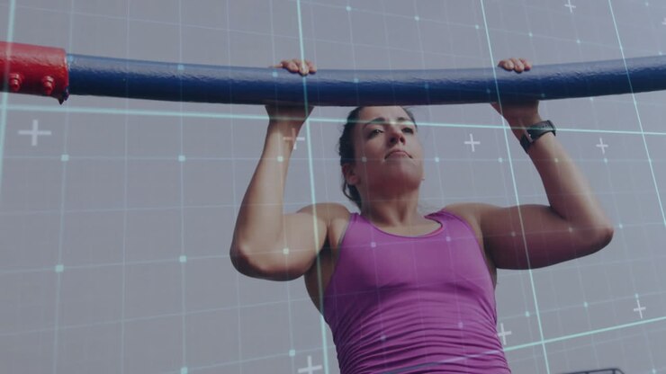 haciendo pull-ups, mujer haciendo ejercicios sobre animación de patrón de cuadrícula