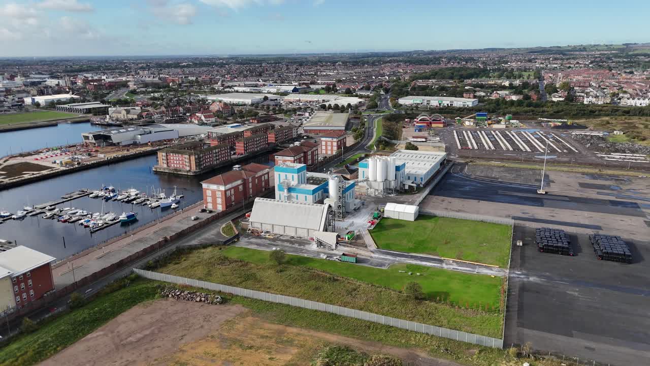 Aerial drone video Hartlepool marina harbour port beach coastal town County Durham North East England UK