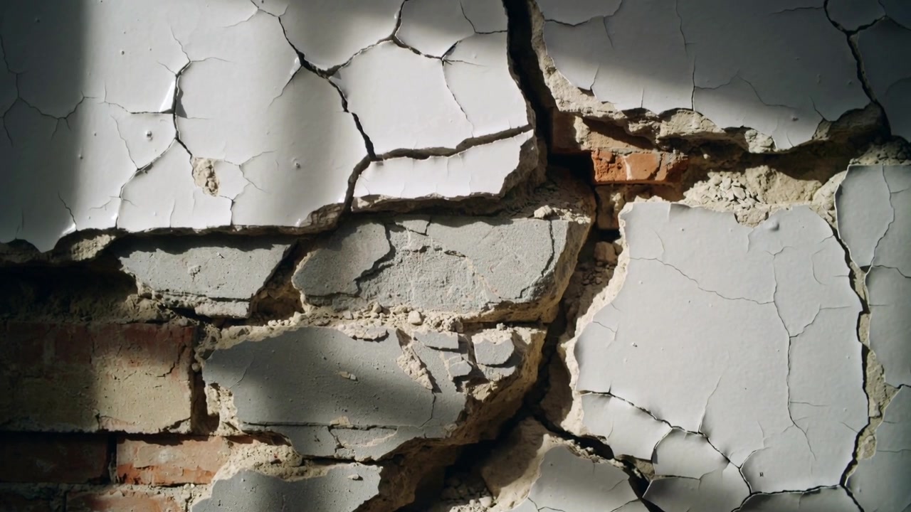 Tightening camera revealing jagged plaster crack and exposed brick with window light shifting