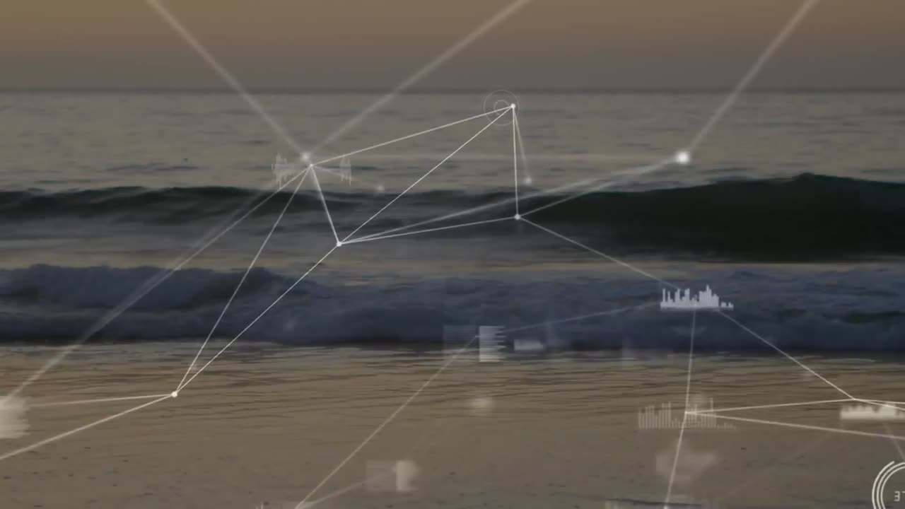 Animation of data processing and networks of connections over empty beach