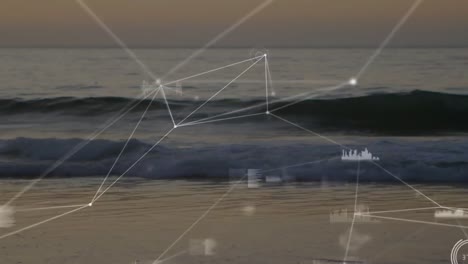 animación del procesamiento de datos y redes de conexiones sobre playa vacía