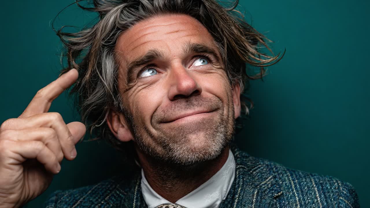 Un uomo pensieroso con i capelli spettinati sorride giocosamente su uno sfondo a tinta unita, catturando un momento di riflessione e gioia tra il suo stile e la sua espressione unici.