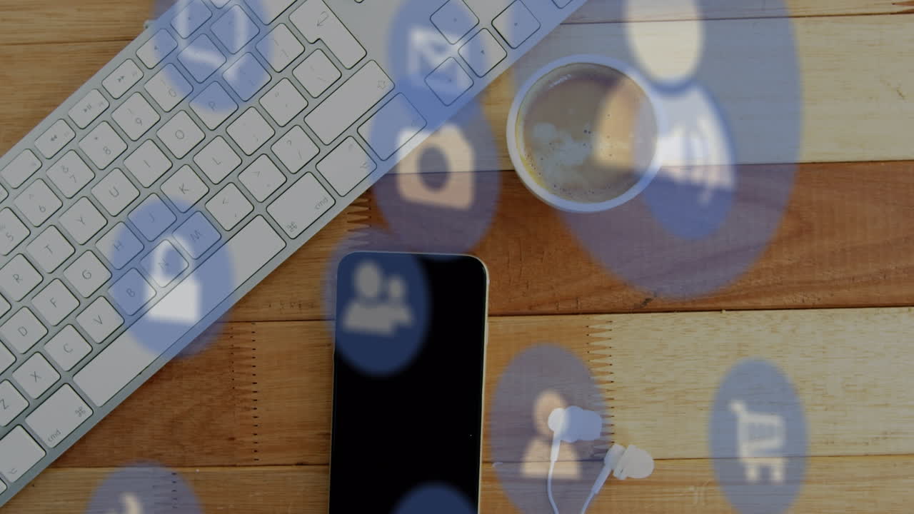 animación de iconos digitales en línea a través de teléfonos inteligentes y teclado